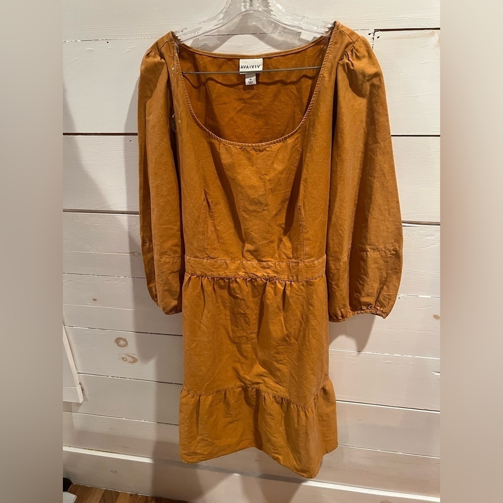 Ava & Viv Women's Size 1X Mustard Yellow Dress, plus size, tie back, EUC, modest